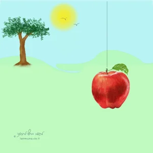 חידה יומית מאויירת: תפוח תולה קשור על חוט, ברקע נוף גבעות ועץ