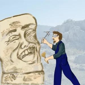 חידה יומית מאויירת: פסל מפסל בנוף הפתוח פסל אבן גדול של פנים צוחקות