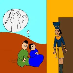 חידה יומית מאויירת: שניים יושבים וחולמים על דמות, מבית יוצאת דמות בבגדי נסיך מצריים הקדומה. لغز مرسوم: شخصان جالسين ويحلمان بشخصية، وشخصية بلباس أمير من مصر القديمة تخرج من بيت.