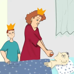 פתגם שבועי בערבית: חולה שוכב במיטה, לידו אישה וילד עם כתר על הראש.