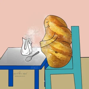 איור של כיכר לחם עם פנים יושבת על כיסא ליד שולחן – חידה מאוירת על לחם שיושב ואוכל