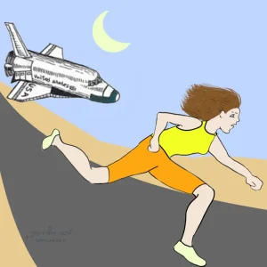 חידה יומית מאוירת: אישה בורחת ומעבורת חלל בעקבותיה.