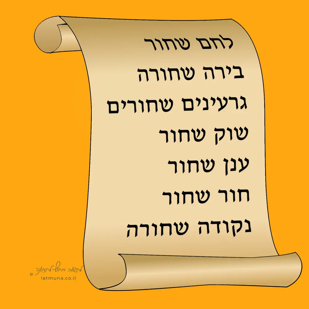 חידה יומית מאוירת: מגילה ועליה רשומים דברים כמו: לחם שחור, בירה שחורה, שוק שחור, גרעינים שחורים ועד.